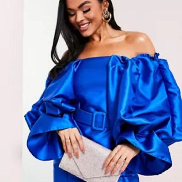 ASOS LUXE Belted Drama Sleeve Structured Satin Mini Dress Electric Blue SZ 8 NWT - Picture 6 of 11